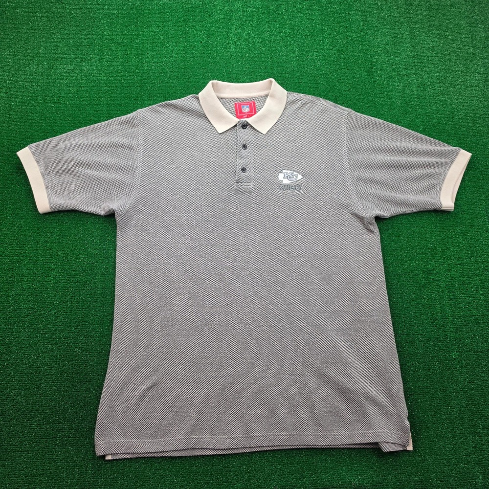Vintage NFL Kansas City Chiefs Polo Shirt Mens Large Gray Beige Birds Eye Knit